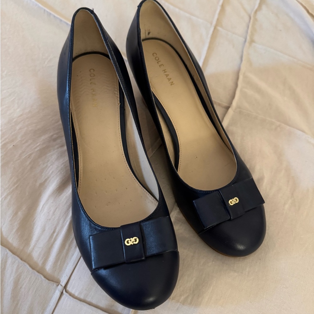 Cole Haan Navy Leather wedge with Bow Accent